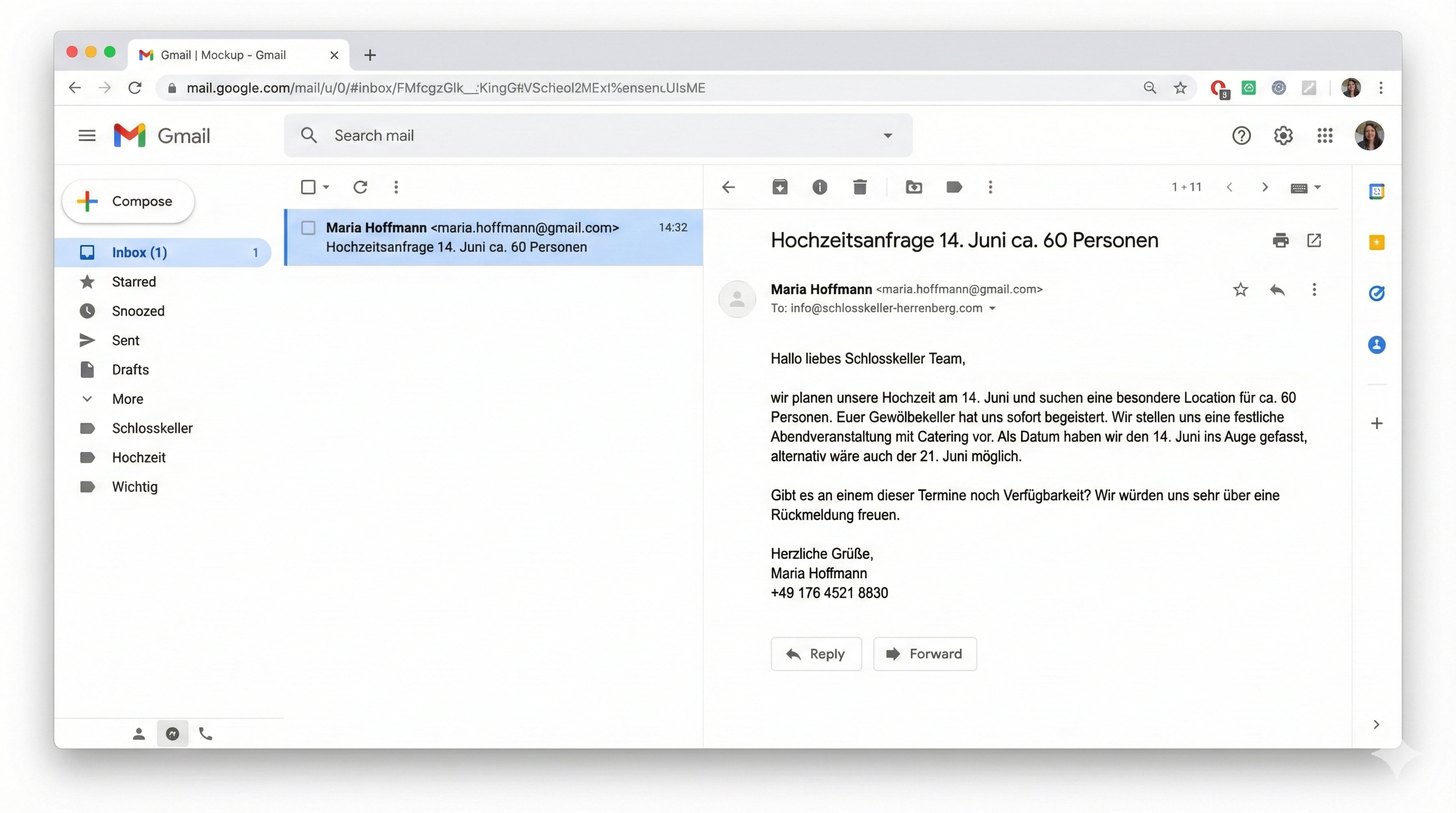 Eingehende Anfrage im Gmail-Postfach