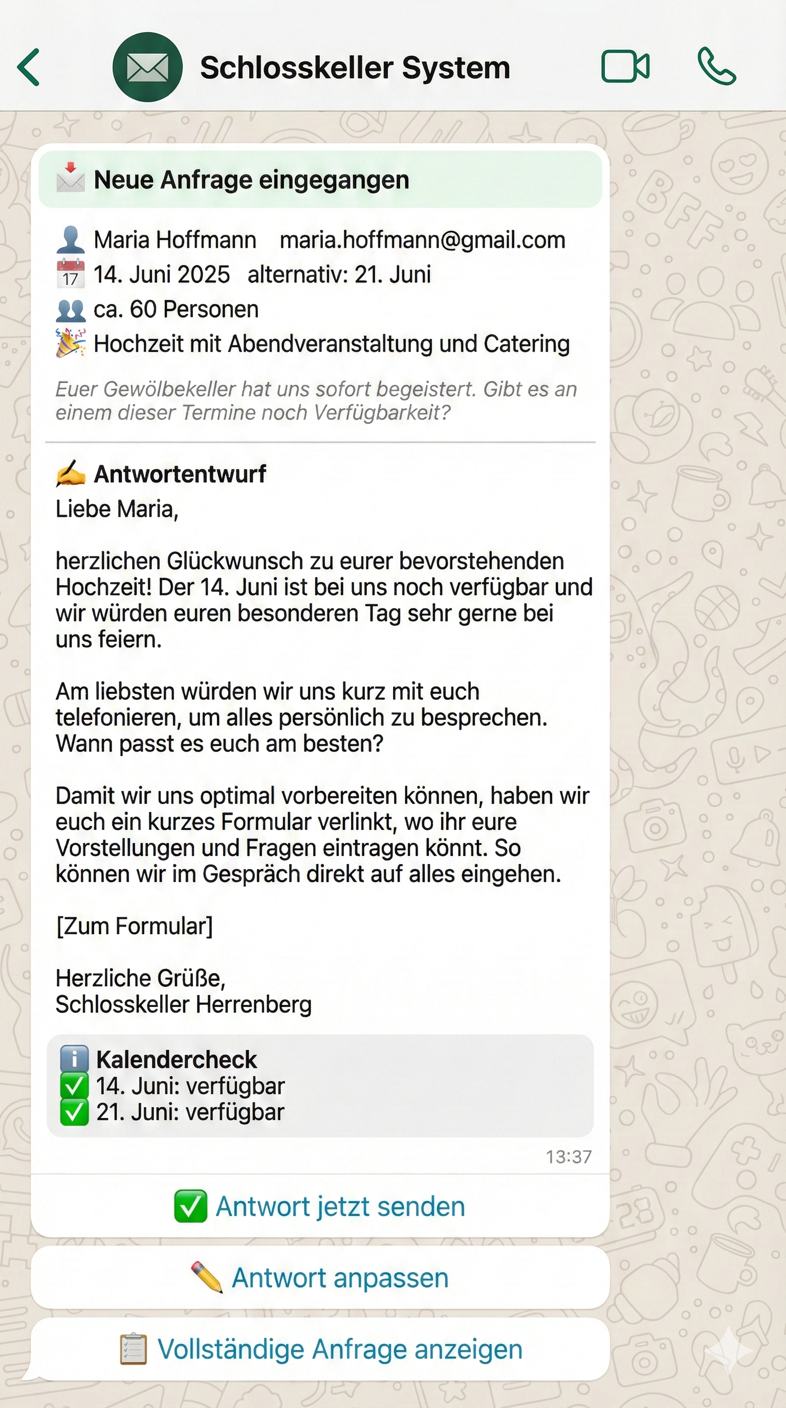 WhatsApp-Benachrichtigung mit Antwortentwurf